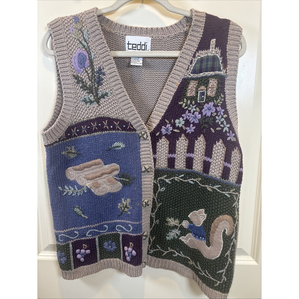 Vintage Cottagecore Embroidered Patchwork Sweater Vest Woodland Teddi Size Small